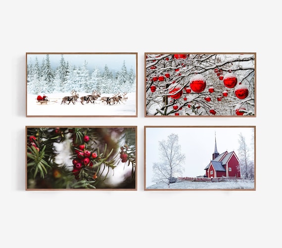 Christmas Gallery Set Santa Reindeer Red Church Winter Photo Print