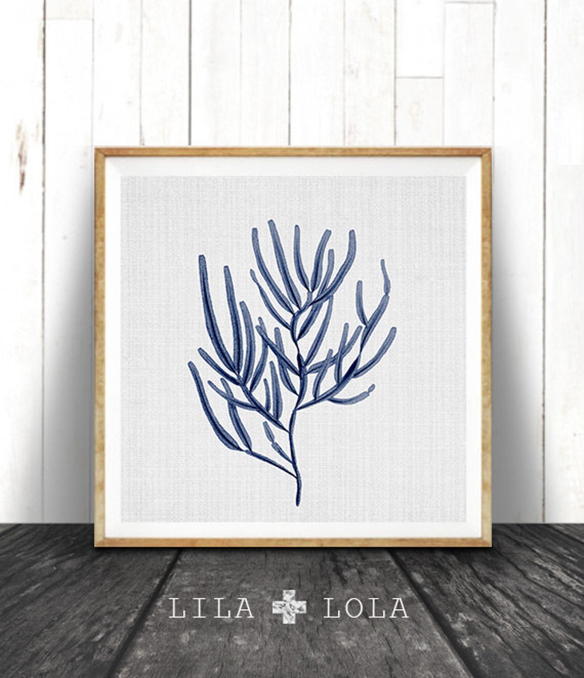 Indigo Coral Print, Coastal Seaweed Illustration