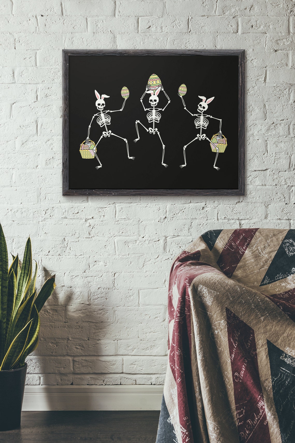 Dancing Easter Bunny Skeletons Holding Eggs Black Art Poster - Image 4