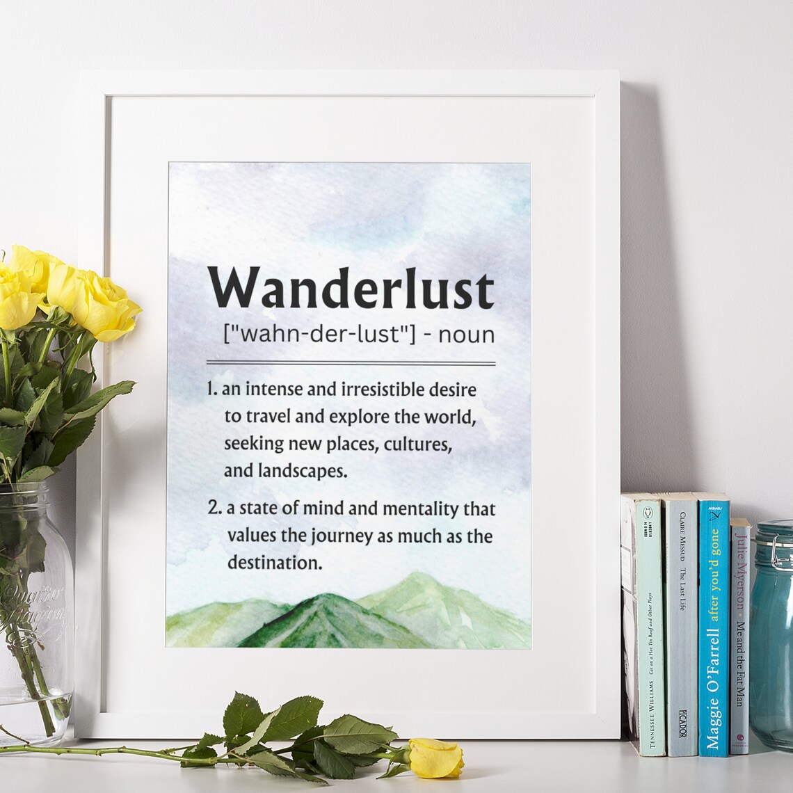 Wanderlust Definition Travel Quote Watercolor Mountain Adventure Poster - Image 4