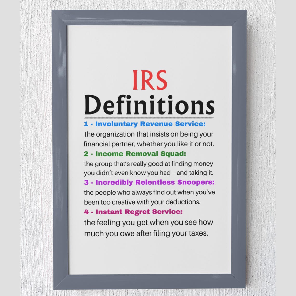 Funny IRS Definitions Tax Humor Office Wall Poster Decor Gift