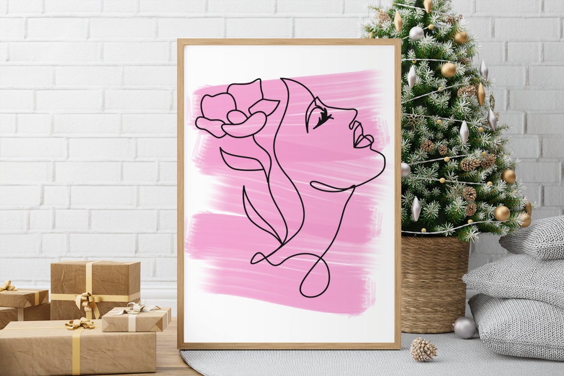 Pink Watercolor Woman Face Line Art Floral Blush Wall Poster - Image 2