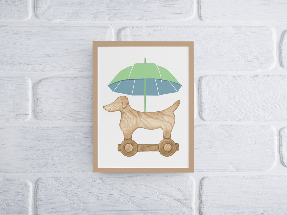 Sweet Wooden Toy Dog Umbrella Watercolor Nursery Kids Room Poster - Image 3