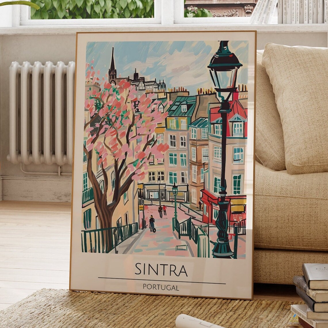Sintra Portugal Pink Blossom Hillside Street Spring Travel Poster