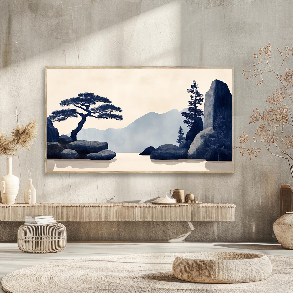 Japandi Zen Pine Tree Misty Mountains Ink Blue Minimal Landscape Poster - Image 6