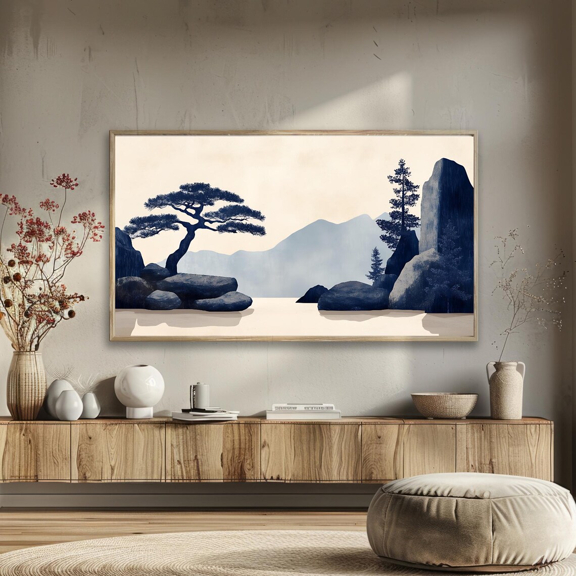 Japandi Zen Pine Tree Misty Mountains Ink Blue Minimal Landscape Poster - Image 5