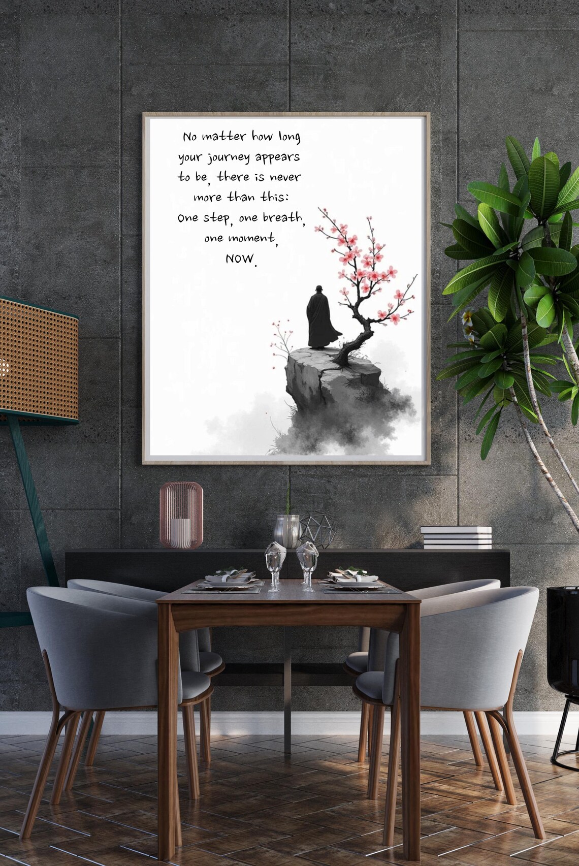 One Step One Breath One Moment Now Zen Monk Cherry Blossom Poster