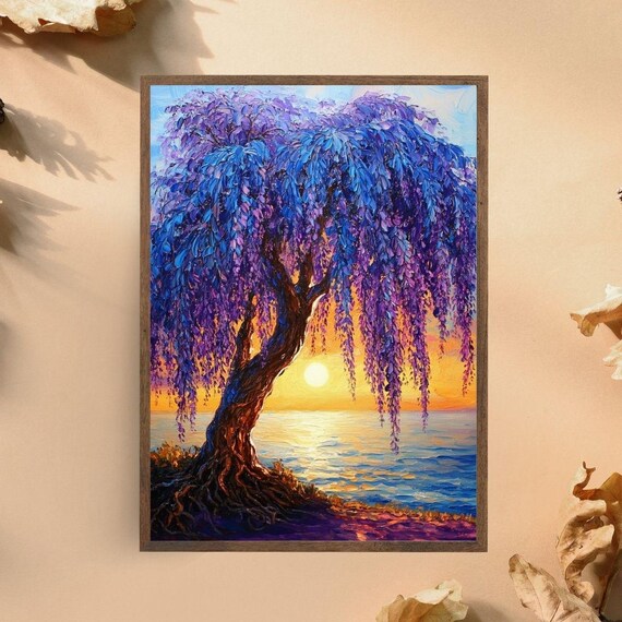 Vibrant Willow Tree Sunset Art Print Colorful Nature Landscape Painting Serene Lake And Tree Wall Decor