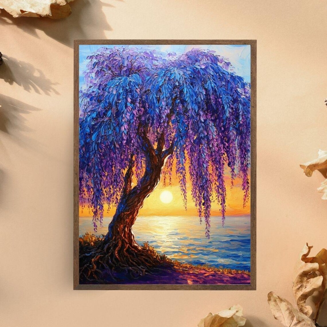 Vibrant Willow Tree Sunset Art Print Colorful Nature Landscape Painting Serene Lake And Tree Wall Decor