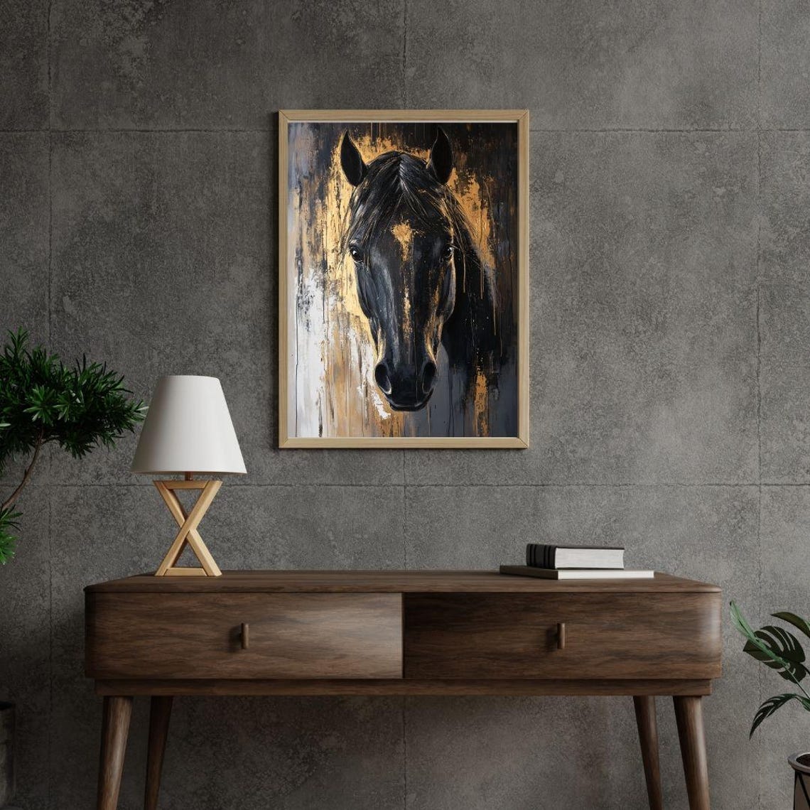 Black Stallion Portrait Gold Abstract Majestic Equestrian Art Poster - Image 2