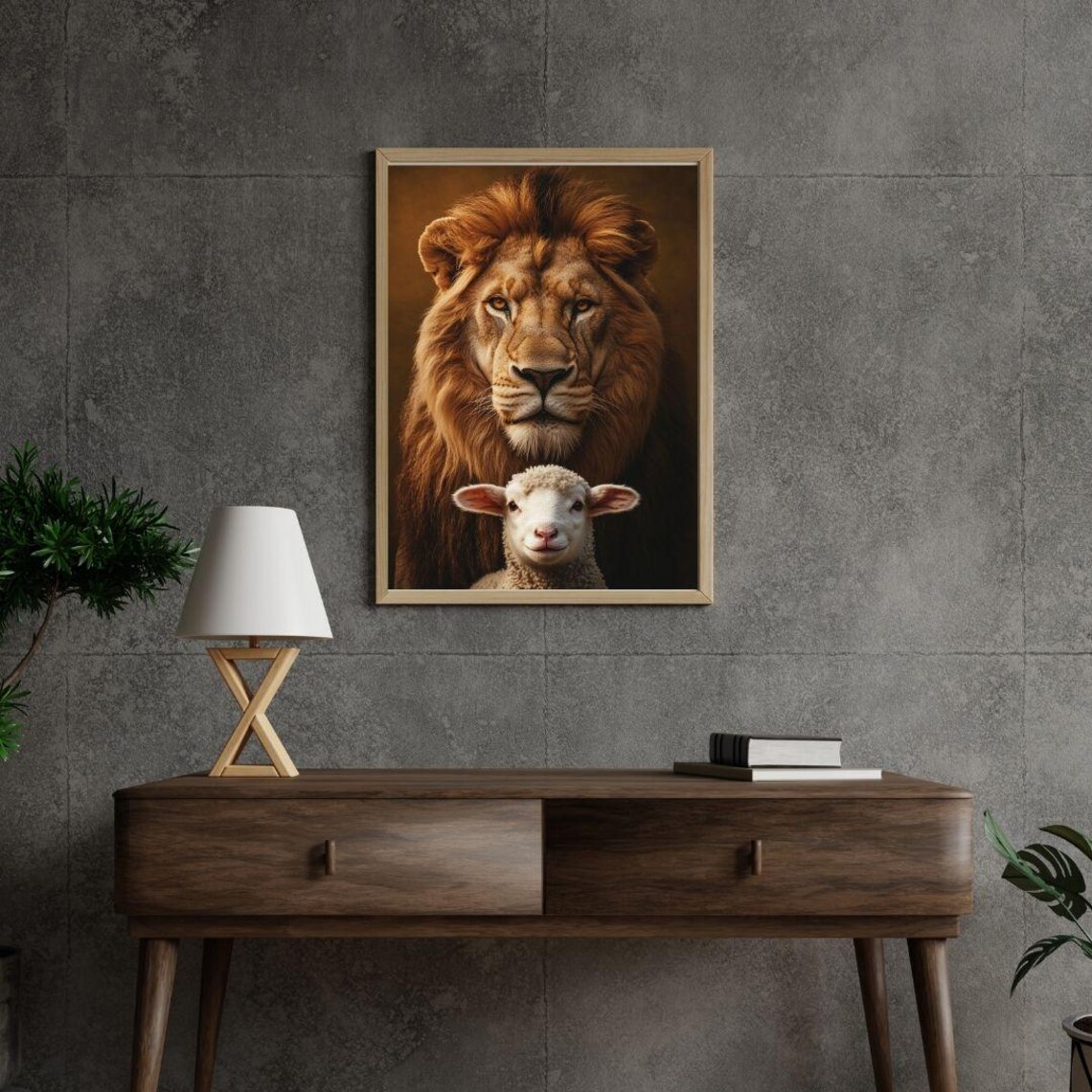 Lion And Lamb Symbolic Peace Powerful Animal Portrait Inspirational Poster - Image 2
