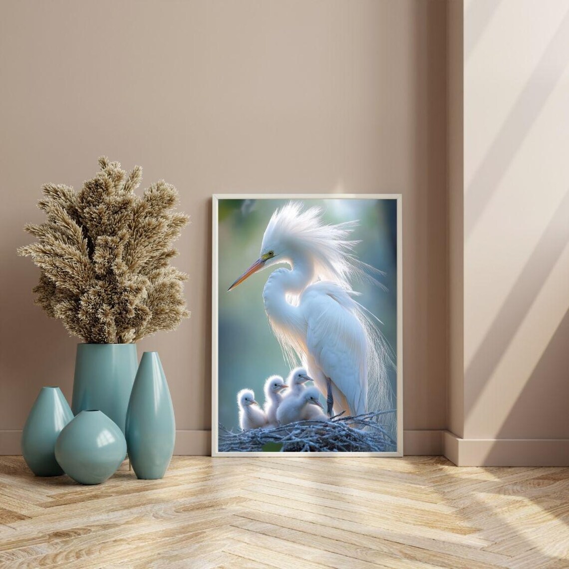 Mother Egret And Chicks Nest Serene Bird Family Nature Poster - Image 2