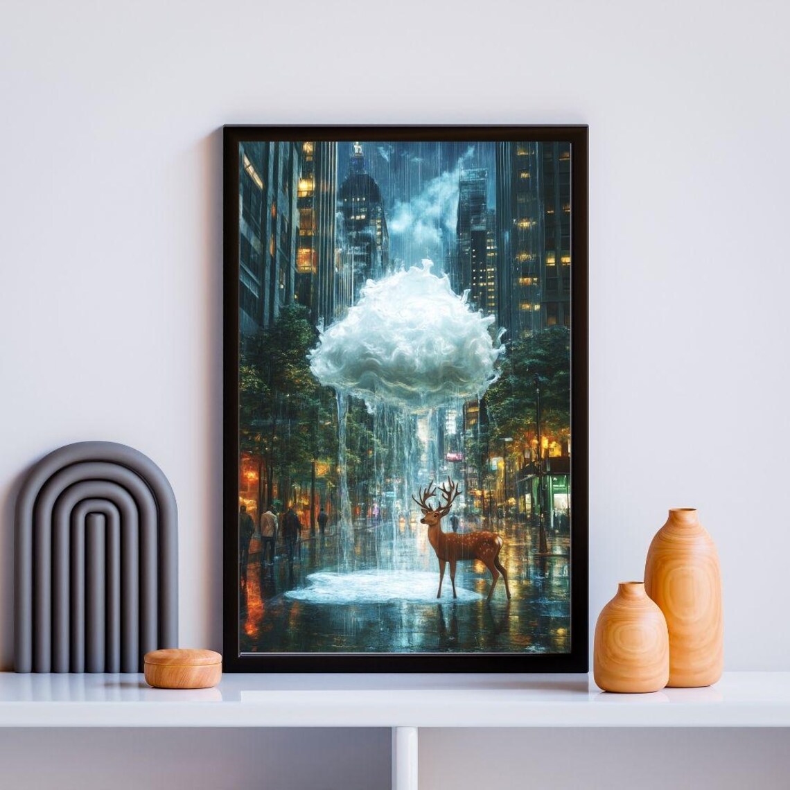 Surreal Floating Cloud Raining Over Deer In City Street Dreamy Night Poster