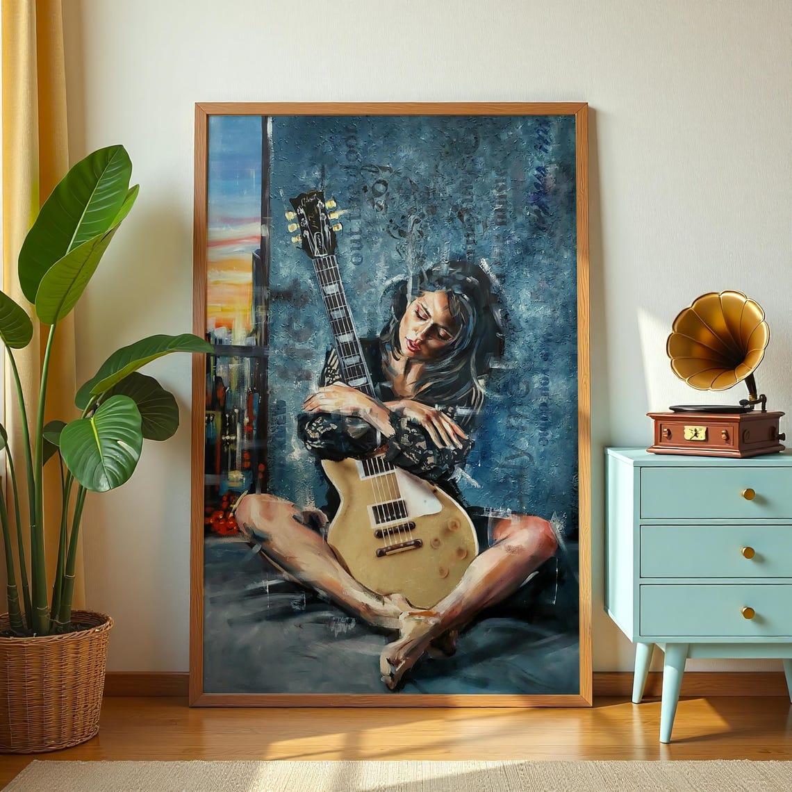 Woman With Electric Guitar Moody Blue Figurative Music Poster - Image 2