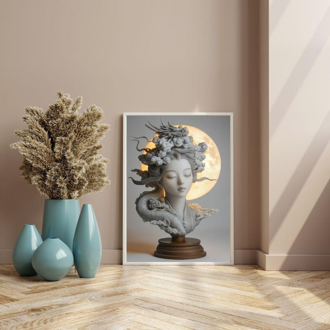 Ethereal Dragon Goddess Bust Sculpture With Moon Oriental Fantasy Poster - Image 3