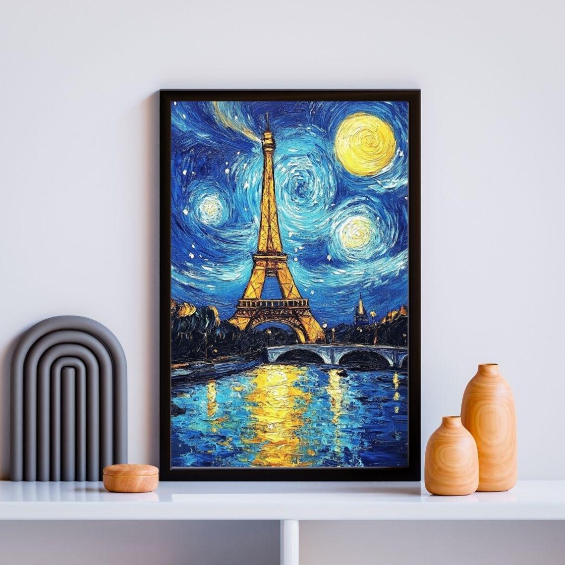 Eiffel Tower Starry Night Van Gogh Style Seine Reflection Paris Art Poster