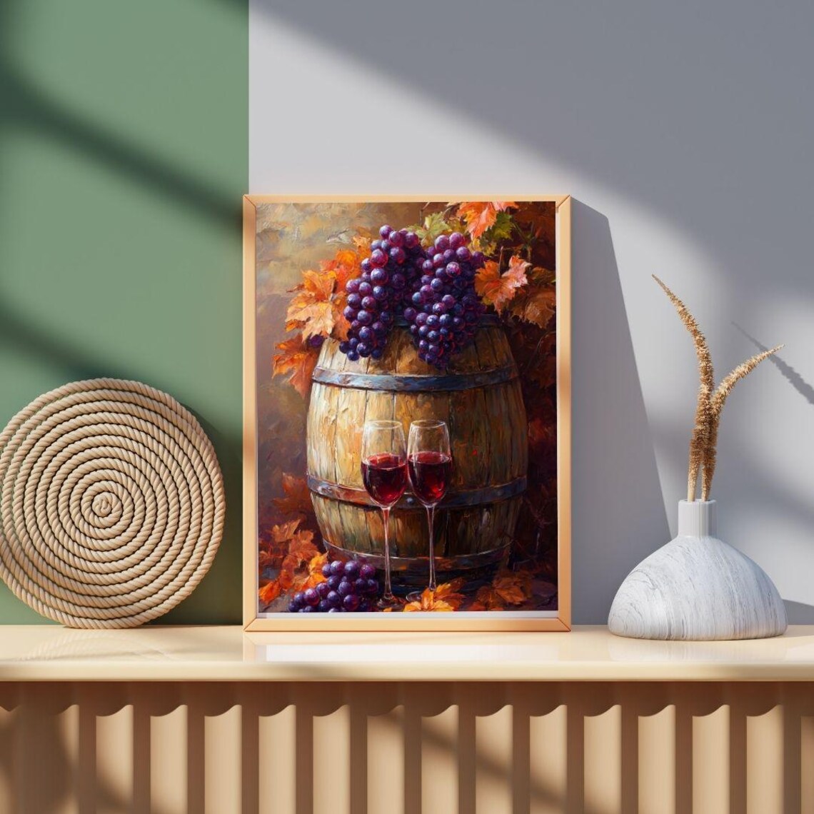 Rustic Wine Barrel Purple Grapes Autumn Harvest Still Life Poster - Image 3