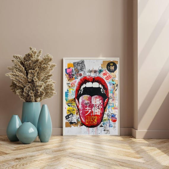 Pop Art Lip Poster Colorful Urban Street Art Print Bold Graffiti Style Mouth Artwork Modern Tongue In Cheek Wall Decor Funky Urban Art