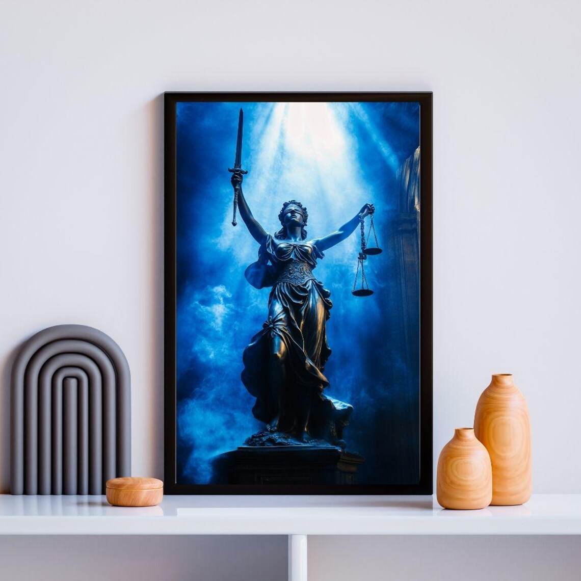 Lady Justice Statue Blue Scales Sword Powerful Legal Dramatic Art Poster - Image 2