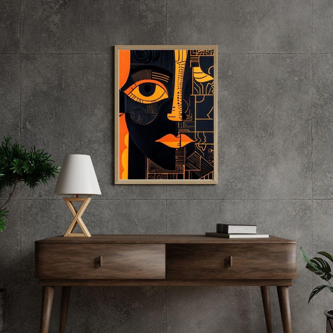 Geometric Abstract Portrait Bold Modern Face Art Orange And Black Wall Decor Contemporary Cubist Artwork - Image 2