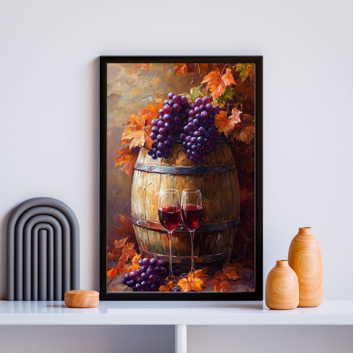 Rustic Wine Barrel Purple Grapes Autumn Harvest Still Life Poster