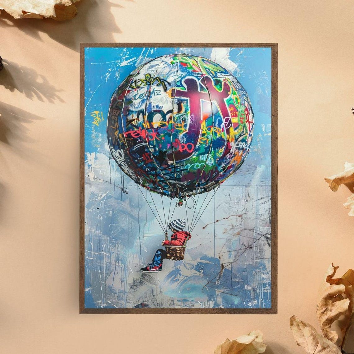 Kid In Graffiti Hot Air Balloon Urban Street Art Whimsical Poster