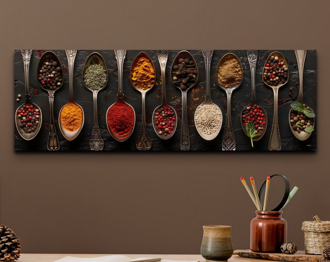 Assorted Spices on Vintage Spoons Rustic Dark Kitchen Poster