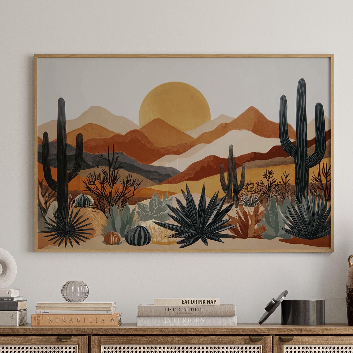 Southwest Desert Landscape, Cactus and Mountains at Sunset Art Print