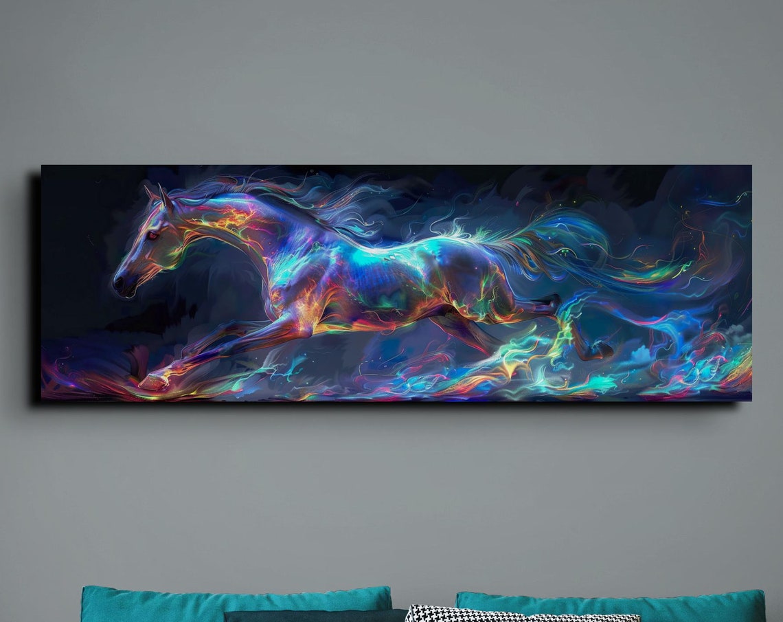 Galaxy Neon Horse Galloping Colorful Abstract Equine Art Poster