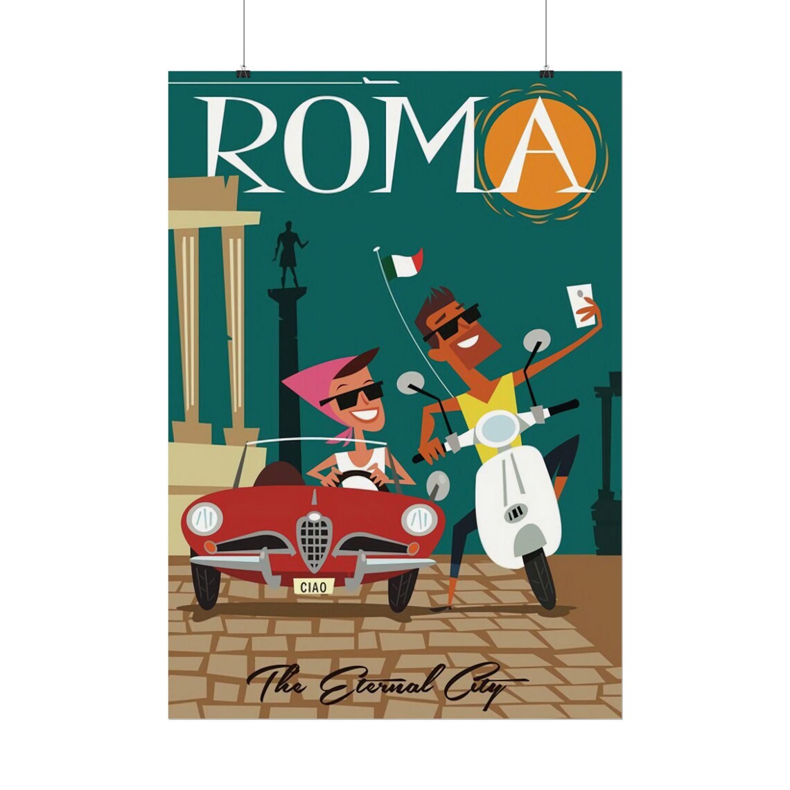 Roma The Eternal City Retro Car Selfie Vintage Travel Poster - Image 2