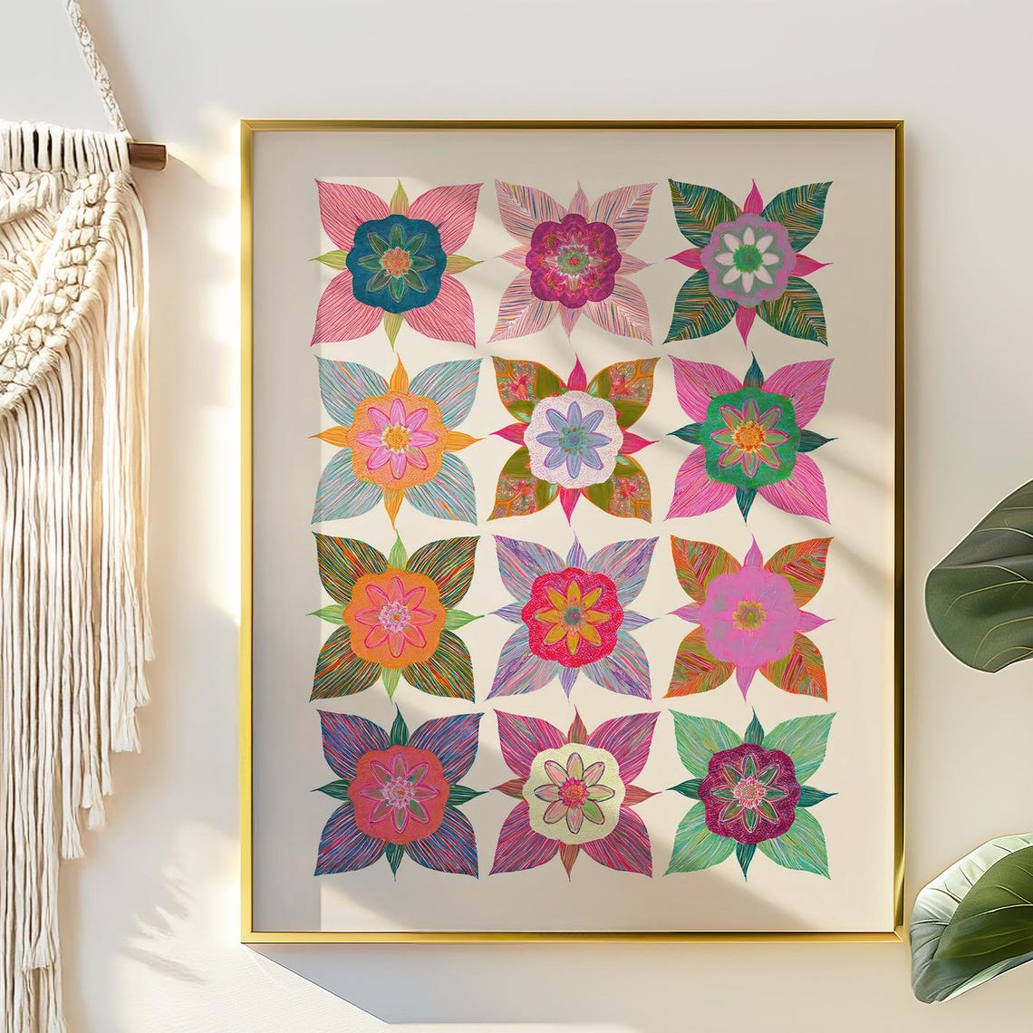 Boho Geometric Botanical Wall Art Colorful Floral Artwork Poster