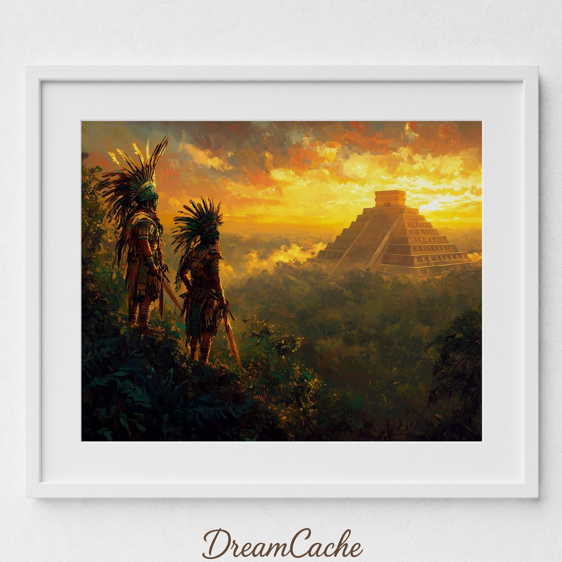 Two Aztec Warriors Overlooking Mayan Pyramid At Sunset Oil Painting Poster