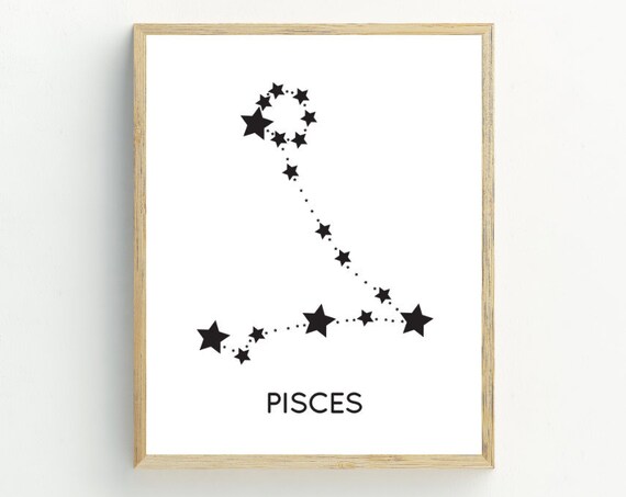 Pisces Zodiac Constellation Stars Print Minimalist Black White Astrology Art