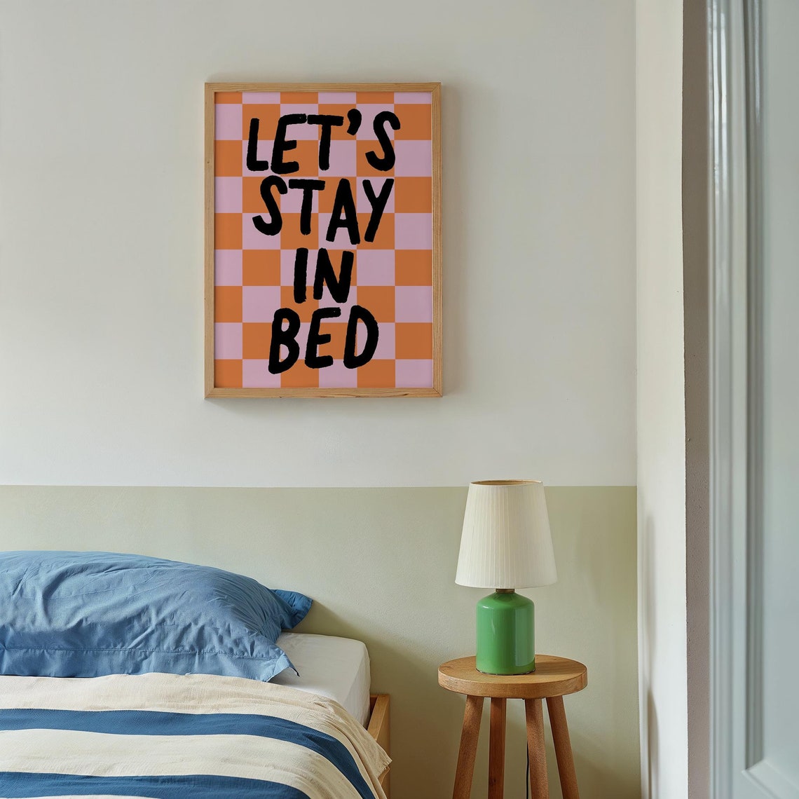 Let Us Stay in Bed Orange Checkerboard Cozy Bedroom Quote Wall Poster - Image 3