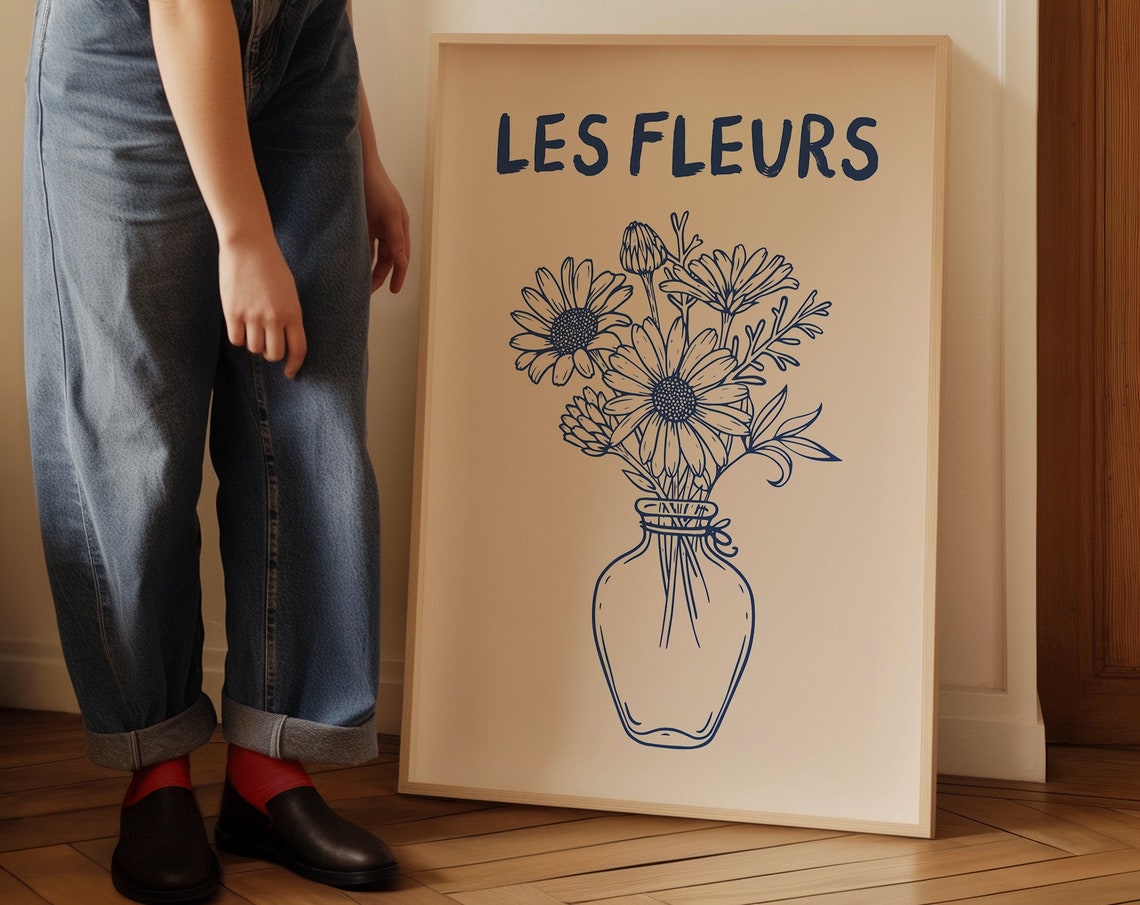 Les Fleurs Navy Daisy Bouquet in Small Glass Vase Line Art Poster - Image 5