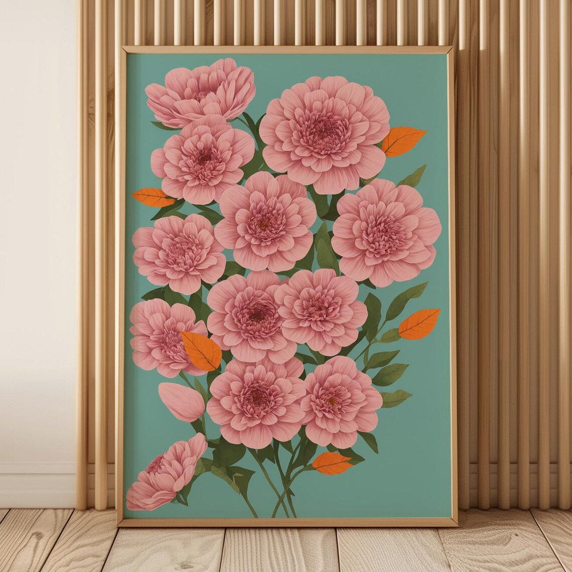 Pink Peony Flowers on Teal Modern Botanical Floral Art Print