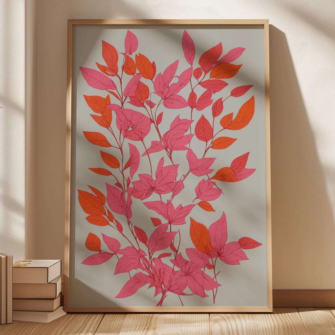 Pink and Coral Leaf Branches Botanical Design on Soft Gray Poster