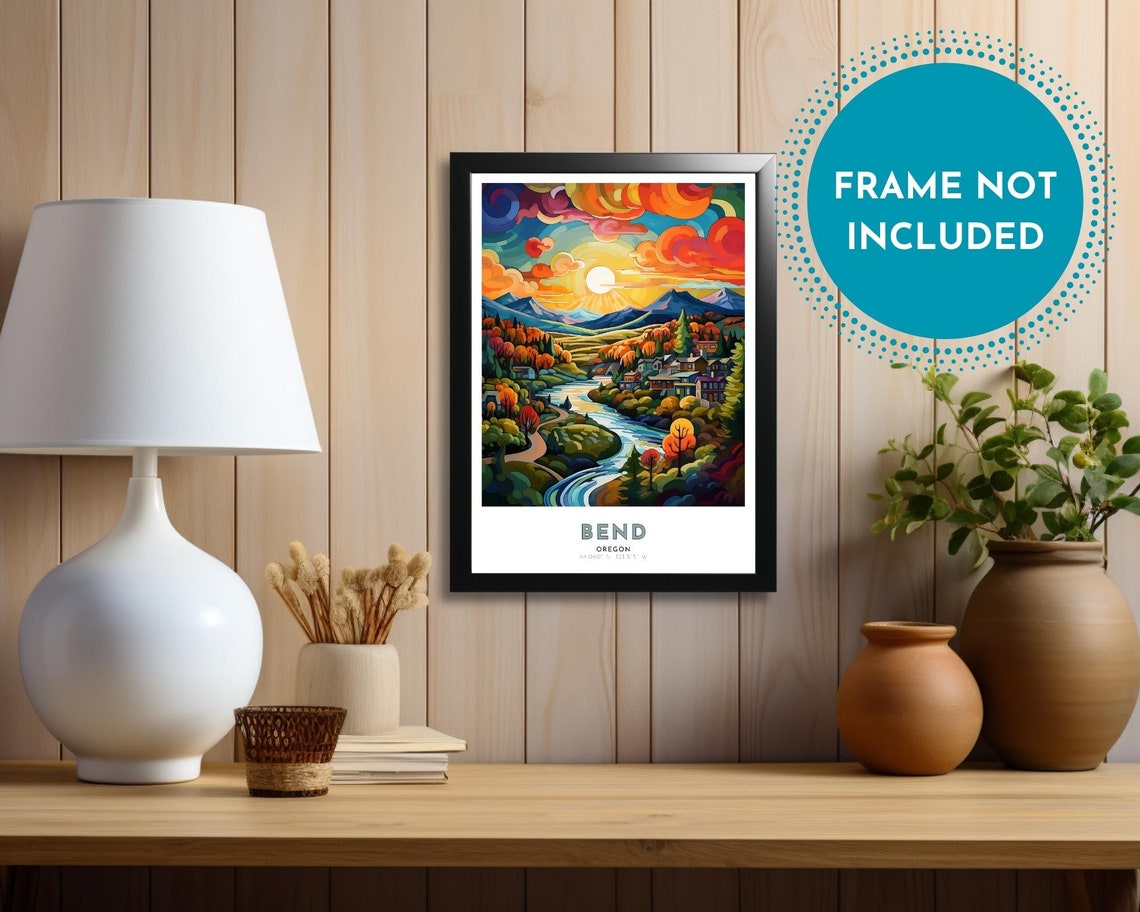 Bend Oregon River Valley Sunset Mountain Town Scene Travel Poster - Image 4