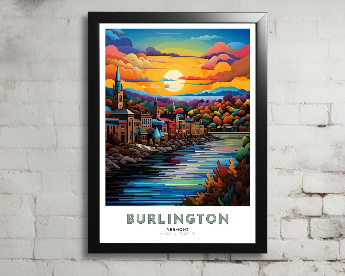 Burlington Vermont Lakeside Town Autumn Sunset Travel Poster