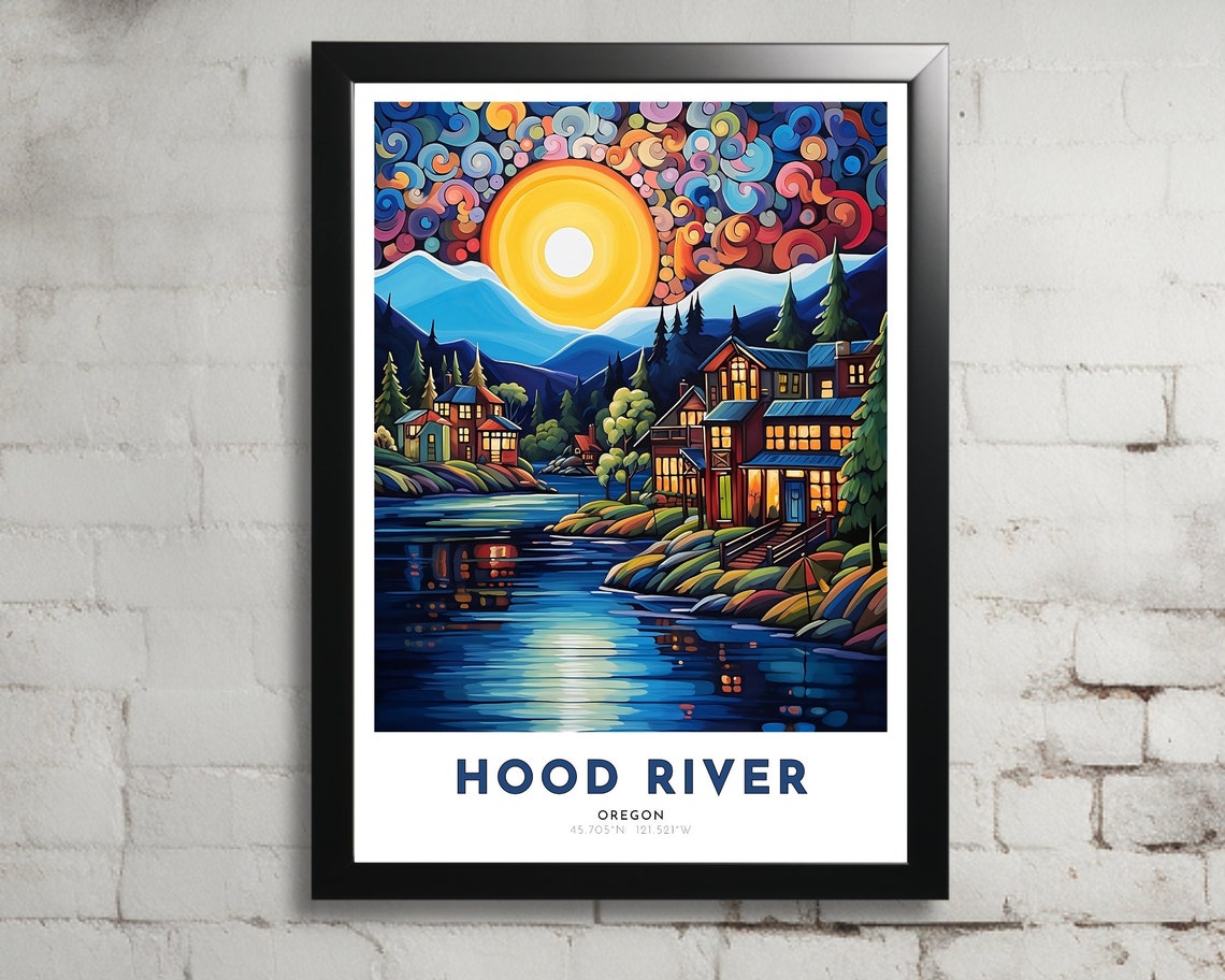 Hood River Travel Poster Of Oregon Art Nouveau Gift For Lovers Of Hood River Oregon Wall Art Decor Print Of Columbia River Painting