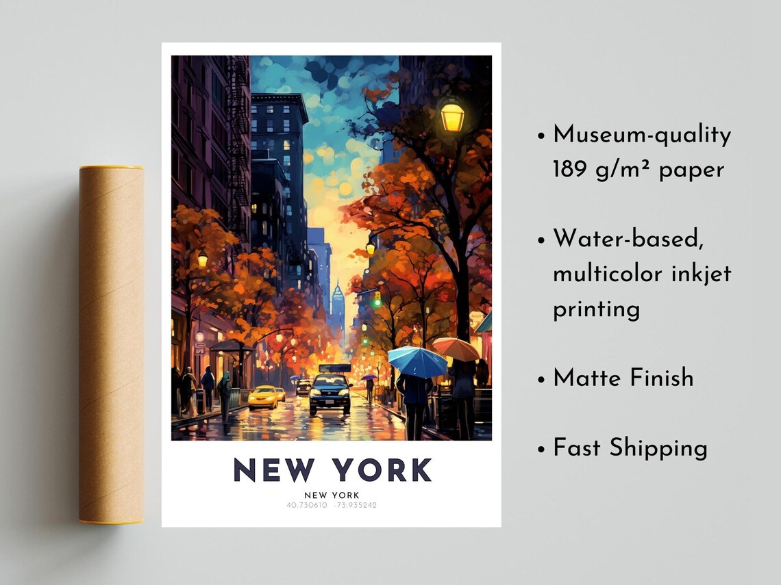 Manhattan New York City Rainy Autumn Street Scene Art Poster - Image 5