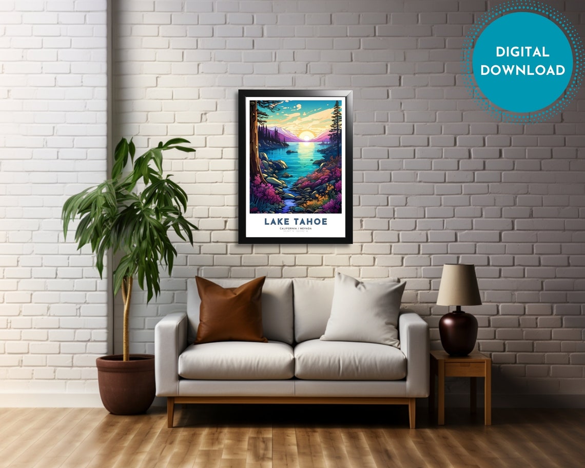 Lake Tahoe Travel Poster Of California Nevada Art Nouveau Gift For Lovers Of Tahoe Wall Art Decor Of Tahoe Painting - Image 4