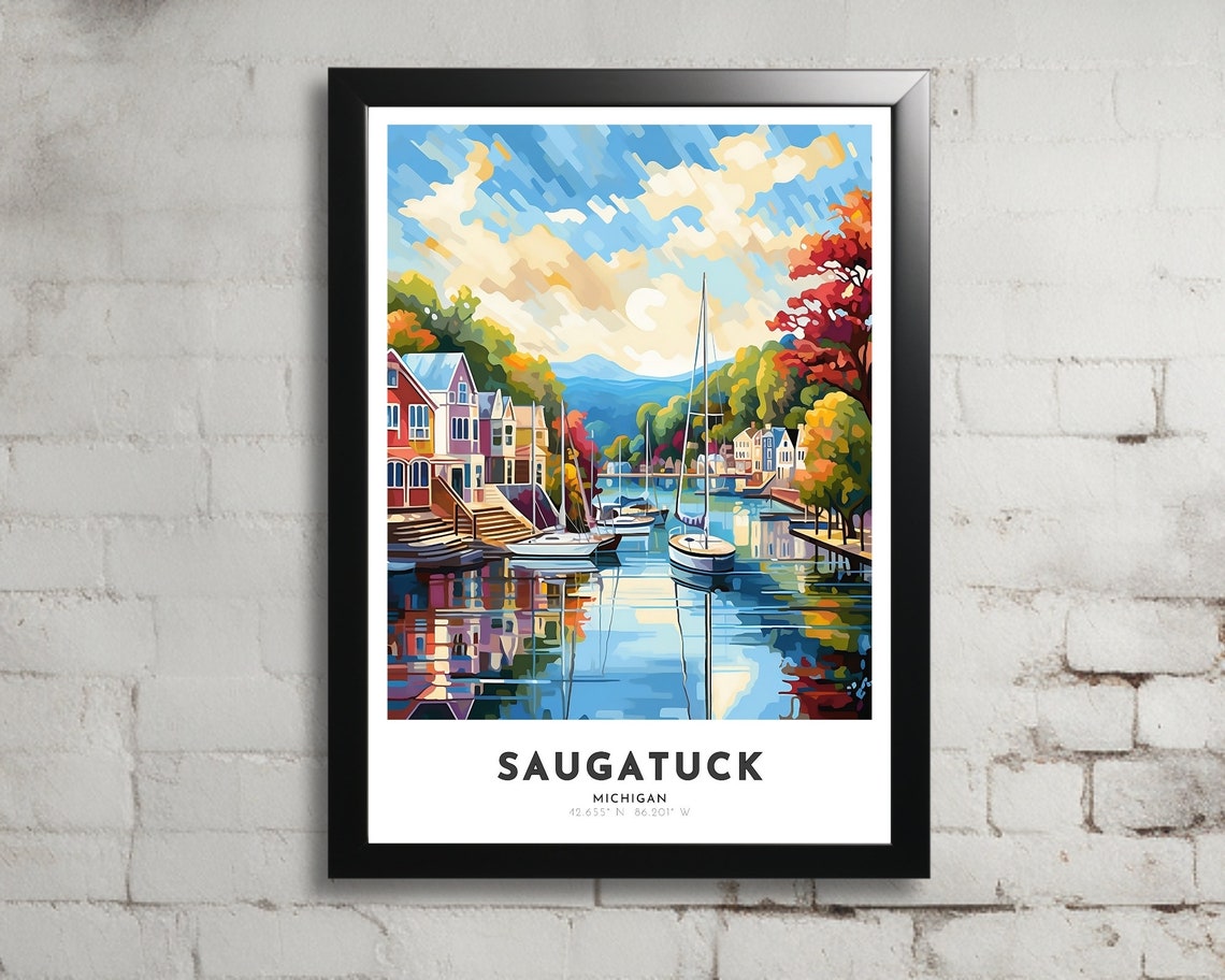 Saugatuck Michigan Autumn Harbor Sailboats Fall Colors Poster