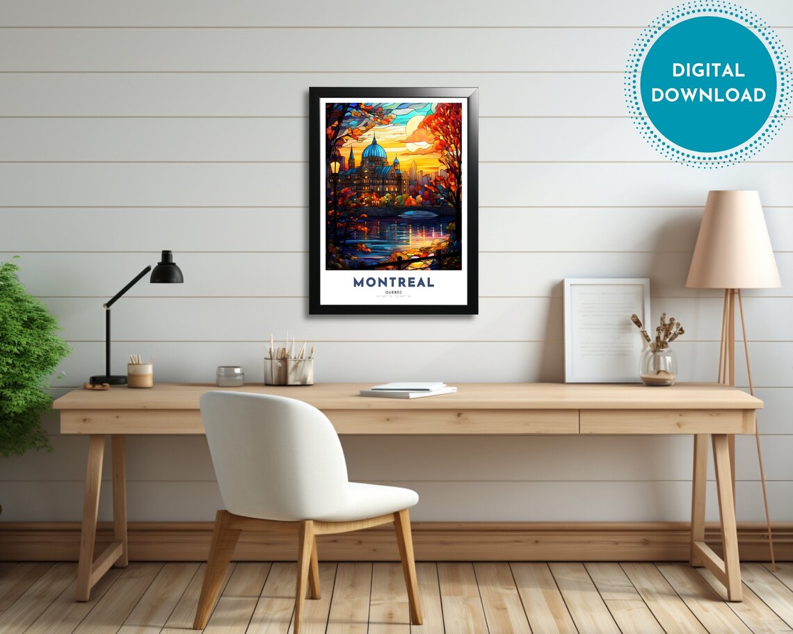 Montreal Quebec Stained Glass Cathedral Sunset River Travel Poster - Image 3