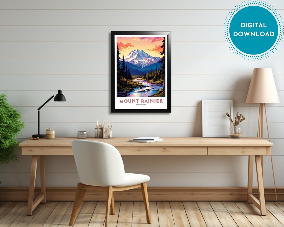 Mount Rainier Washington Snow Peak Pine River Sunset Travel Poster - Image 2