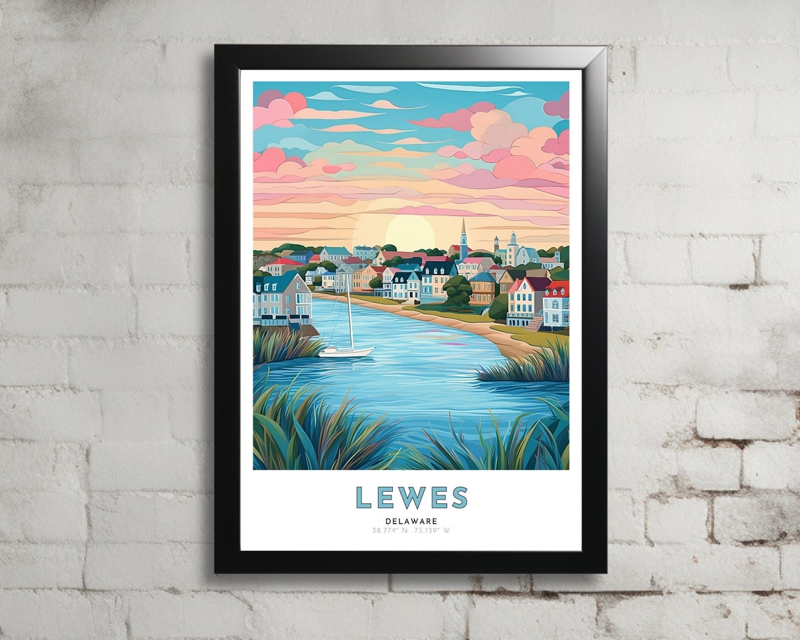 Lewes Travel Poster Of Delaware Art Nouveau Gift For Lovers Of Lewes Delaware Wall Art Decor Of Lewes Painting