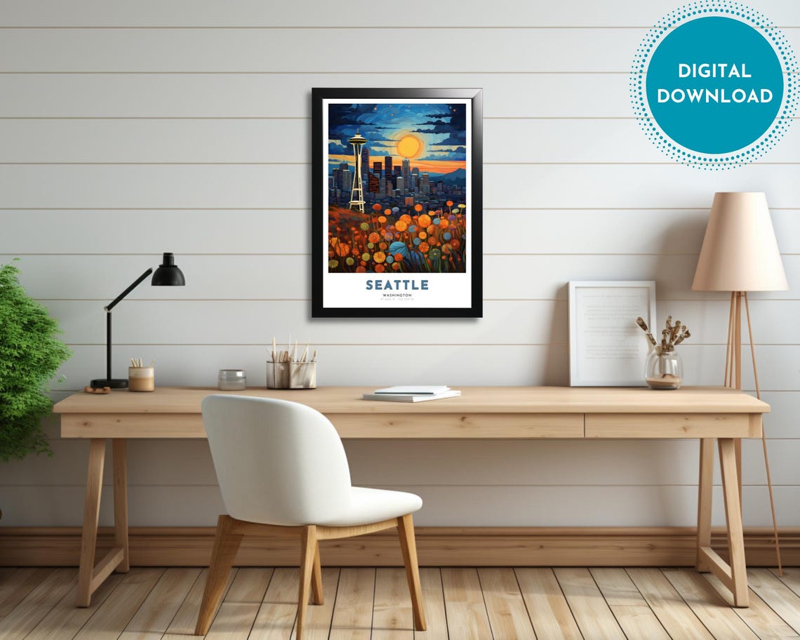 Seattle Travel Poster Of Washington Art Nouveau Gift For Lover Of Seattle Wall Art Decor Of Puget Sound Painting - Image 2