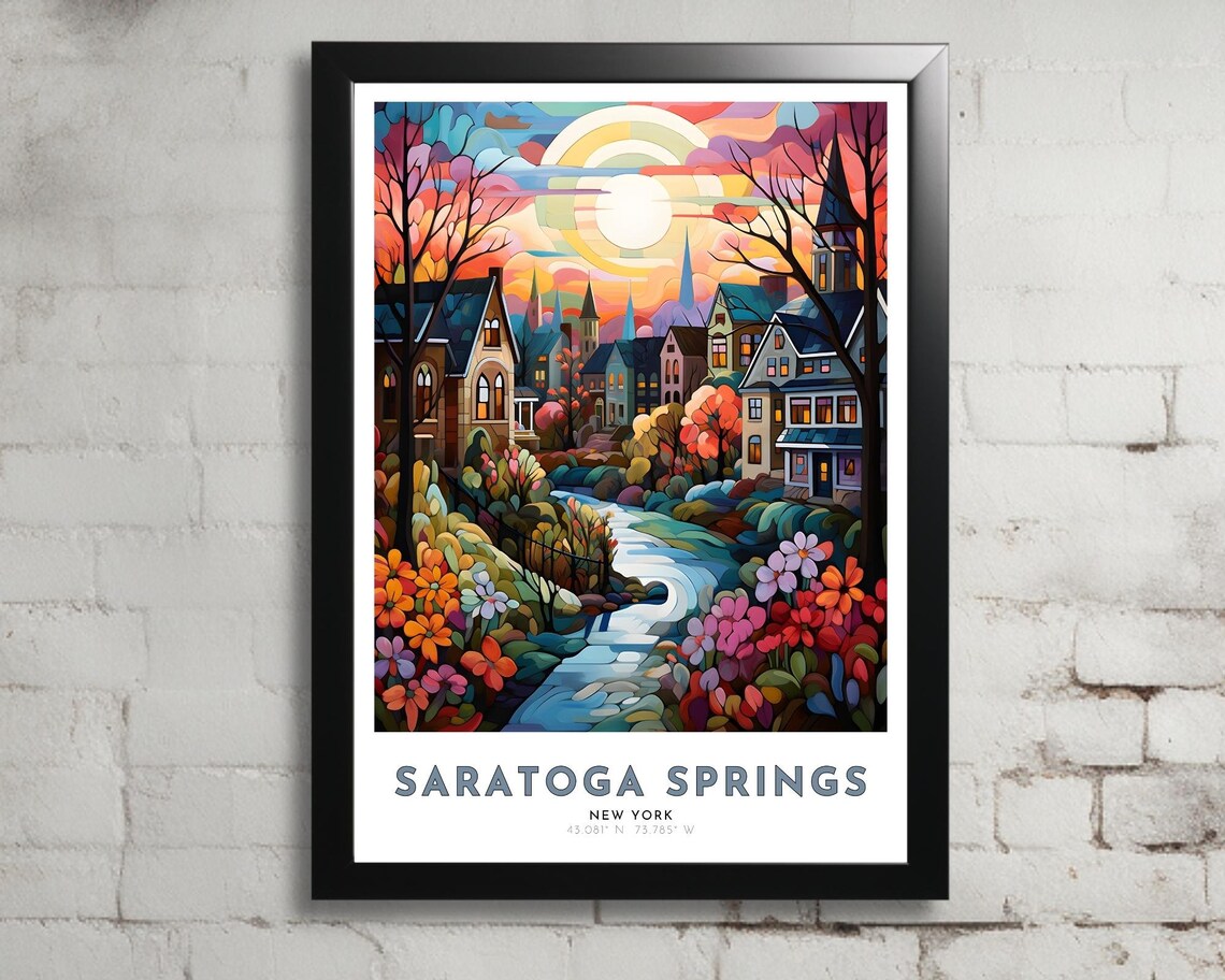 Saratoga Springs New York Evening Village Flower Stream Poster