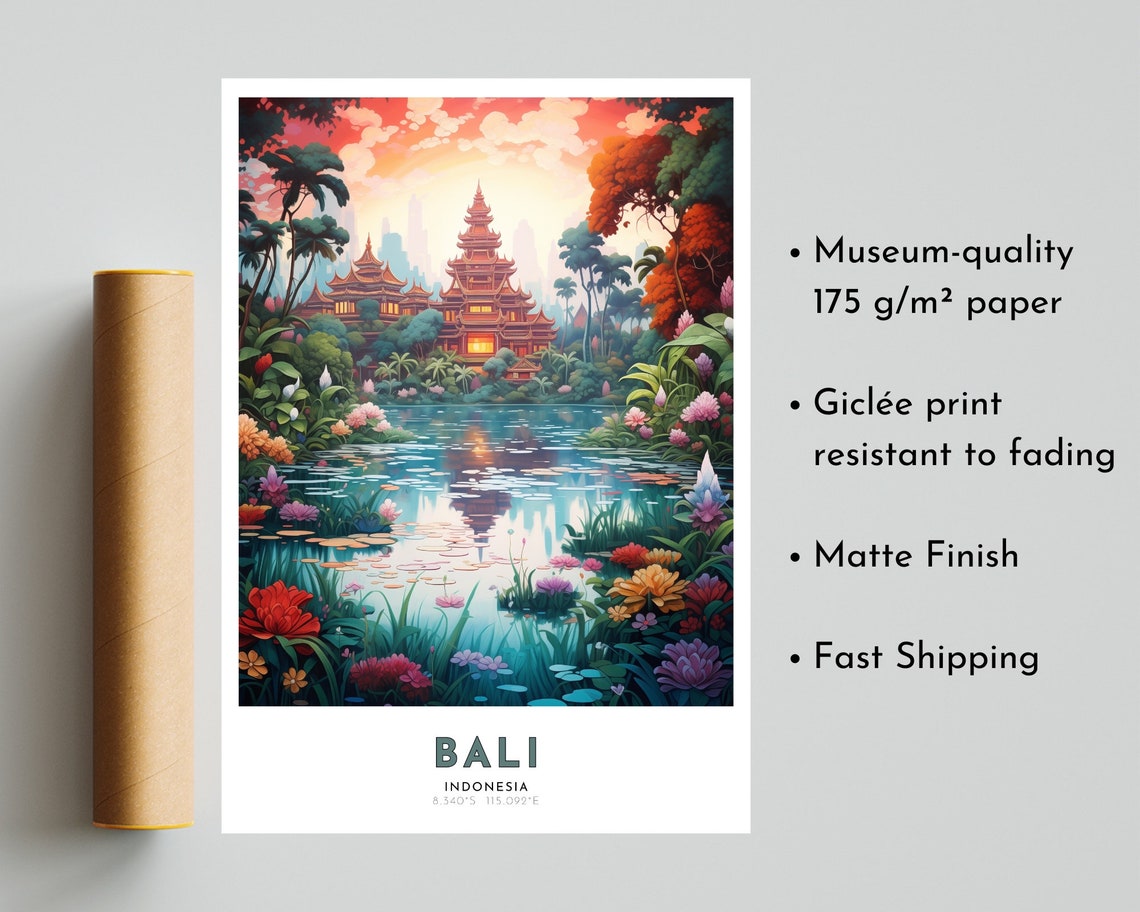 Bali Indonesia Temple Lagoon Tropical Floral Scene Travel Poster - Image 5