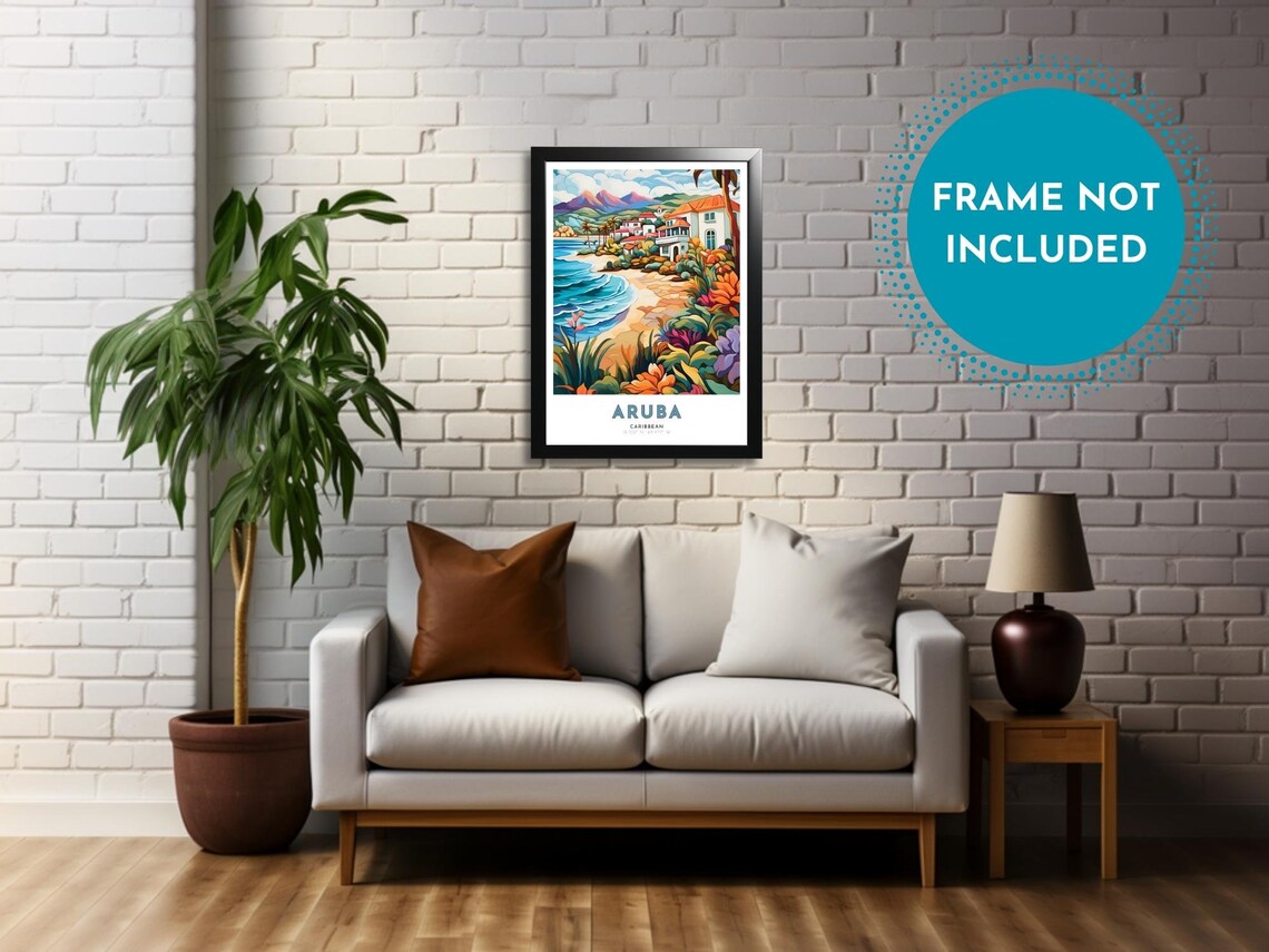 Aruba Caribbean Beach Hillside Houses Tropical Flower Art Poster - Image 3